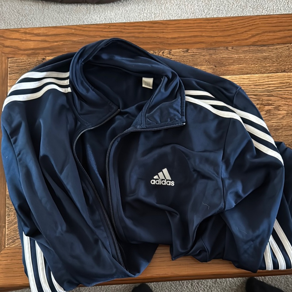 Adidas Blue and White Windbreaker with Iconic Stripes